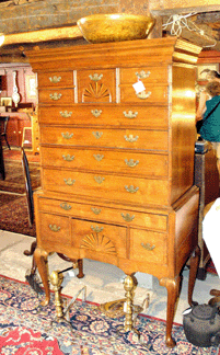 Right out of the Withington bedroom came this Eighteenth Century Queen Anne flat-top highboy with concave inlaid shell both top and bottom and secret drawer in top molding. It went for a single bid of $22,000.