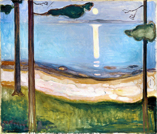 Edvard Munch, (Norwegian, 1863‱944), "Moonlight,†1895, oil on canvas, 36 3/5 by 43 1/3  inches. The National Museum of Art, Architecture and Design, Oslo.