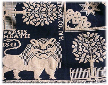 An exceptional Tyler coverlet in indigo and white was woven in 1840 for Fanny Clark with an allover snowflake design, a border of trees linked by an iron fence and lions in the corners. It sold to a dealer for $3,900.