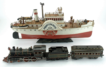 A circa 1905 Marklin Providence enameled tinplate clockwork side-wheeler, top, attained $99,000 while a Carette 2350 O-gauge clockwork passenger train set achieved $35,750.