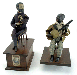 Ives' 14-inch-tall General Grant Smoker clockwork toy, left, cloth uniformed with cast-metal head and hands and cast-iron feet, brought $18,700; and Jerome Secor's clockwork Banjo Player, cloth-dressed wood and metal figure with painted-tin banjo on cast-iron stool, took $22,000.