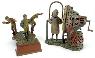 Two painted cast-iron mechanical banks by J.&E. Stevens: the 1904-patented Calamity bank,  left, with football theme, realized $12,100, while Girl Skipping Rope took $16,500.