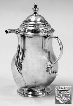 The top lot of the sale was a rare early American silver spout cup by Samuel Edwards (1705‱762). Against numerous telephone and absentee bids, it sold in the room for $57,500.