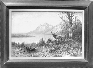 John Fery (1859‱934), Western landscape, "Elk at Jackson Lake, Wyoming,†oil on canvas, 18 by 28 inches, sold for $18,975.