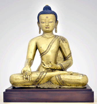 Bhaishajyaguru or Medicine Buddha, Tibet, gilt bronze, Fifteenth Century, on long-term loan from Louise Gund.