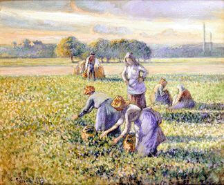 Camille Pissarro, "Picking Peas,†1887, gouache on paper. Collection of Bruce and Robbi Toll. ₩2007 The Jewish Museum, Richard Goodbody photo