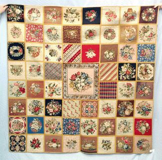 A rare Nineteenth Century needlepoint sampler hooked rug having multifloral blocks and found in Pennsylvania realized $1,980.