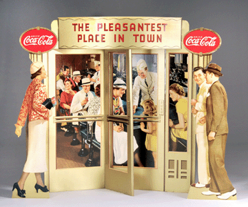 A rarely seen Coca-Cola three-dimensional display depicting a revolving door looking into a circa 1940s diner, found in a log storage bin in Little Rock, Ark., sold for a record $40,250.