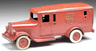 An extremely rare cast iron Arcade armored car made for Brinks in the 1930s, one of only three or four known to exist, sold for a record $34,500.