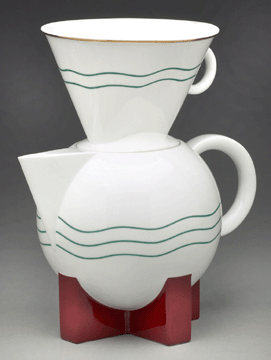 Michael Graves, The Big Dripper Coffee Pot and Filter, circa 1985, porcelain, red-brown and blue-green enamel, gilding. Yale University Art Gallery.