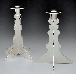 Robert Venturi, pair of candlesticks, 1984, silver plate, 10½ by 6½ inches. Yale University Art Gallery.