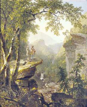 Kaaterskill Clove, a Catskills gorge long associated with Thomas Cole, formed the setting for Durand's precisely rendered masterpiece, "Kindred Spirits,†1849. It depicts Cole, shown right, conferring on the dramatic site with fellow nature lover, writer William Cullen Bryant. Crystal Bridges Museum of American Art (SAAM exhibition).