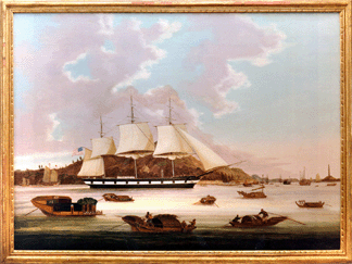 Oil on canvas China Trade painting of the "The American Ship Joshua Bates off Whampoa Anchorage,†signed Sunqua (active 1830‱870), 29 by 39¾ inches, realized $226,000. 