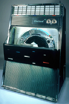 United Music Corporation UPB-100 jukebox, introduced 1958, metal, chrome, plastic, glass, paper and wire, 57¼ by 36¼ by 27¾. Collection Hagley Museum and Library.