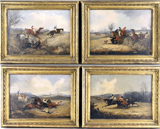 The set of four British steeplechase paintings by Samuel Henry Alken was the top lot of the auction, selling at $60,500.