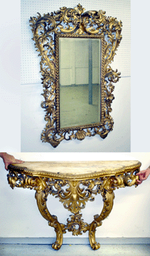 A Nineteenth Century carved and gilt marble top console and carved and gilt rococo-style mirror sold for $2,970 and $4,510, respectively, both items selling to a phone bidder from Beverly Hills, Calif.