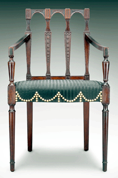 Arm chair, 1801, unidentified maker, carving by Samuel McIntire, mahogany. Peabody Essex Museum. ⁄ennis Helmar photo