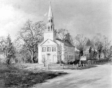 Photograph of the painting "Easter Morning†by Lindy Ellenshaw showing the South Britain Congregational Church. The painting was reported stolen from the church September 23.