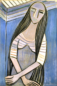Wifredo Lam, "Femme aux cheveux longs, I (Woman with Long Hair, I),†1938, gouache on paper, 39 3/8  by 26 inches. Collection of Ramón and Nercys Cernuda. ©2007 Artists Rights Society (ARS), New York/ADAGP, Paris.