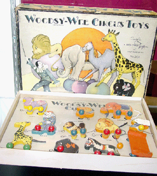 Fisher-Price Woodsy-Wee Circus set, lithographed paper on wood, 1930s, $2,195, Jerry and Paulann Turner, Hot Springs, Ark. ⁂ritish American Photo.