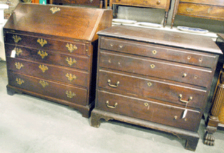 The Chippendale cherry graduated chest, right, sold for $3,685, while the estate fresh slant front desk went out very reasonably at $825.