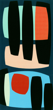 Karl Benjamin's "Black Pillars,†1957, oil on canvas. Gravitating to the geometric imagery of Russian constructivism and Bauhaus experiments in pattern and form, Benjamin breathed fire into his paintings with wild color combinations and serrated forms. Private collection; ©Karl Benjamin. Courtesy of Louis Stern Fine Arts, West Hollywood, Calif.