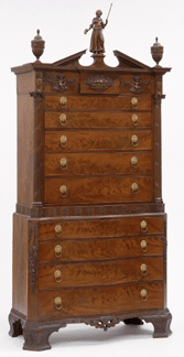Described as "the Rosetta Stone†of Samuel McIntire's carving, this chest-on-chest was commissioned by Elizabeth Derby West for Oak Hill and was made between 1806 and 1809. Designed and with carved embellishments by McIntire, although the maker is unknown, he gave this chest a neoclassical aspect with taller and slightly narrower proportions; the figure of "America†wears a gown reflective of the newly popular "Empire†style in ladies' fashion.
