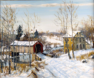 Walter Emerson Baum (American, 1884‱956), "Covered Bridge, Thatcher, Penn.,†oil on canvas (framed), 25 ½ by 30 inches, signed and titled, realized $45,000.