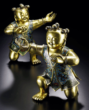 A pair of cloisonné and gilt bronze "Hehe†twin boys, Qing dynasty, Kangxi period, sold for $1,129,000.