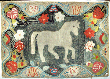 Folky rug being shown by Mary and Joshua Steenburgh, Pike, N.H.