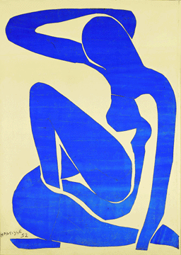 In one of his culminating cutouts, the serpentine form of "Blue Nude I,†1952, reflects a common Matisse motif. He declared that "cutting straight into color reminds me of the direct carving of the sculptor.†Foundation Beyeler, Riehen/Basel.