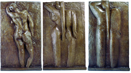In this first of what turned out to be a series of monumental bronzes, "The Back I,†left, 1909, Matisse offered a high relief, expressive view from behind of a nude woman pressed against a wall. The artist continued softening the original S-curve as he pared down the image to geometric essentials in "The Back III,†center, 1916‱7. In "The Back IV,†right, 1930, the culminating iteration on the theme, "Matisse reduced the figure to three massive vertical columns,†in the words of Nasher Sculpture Center curator Jed Morse. Franklin D. Murphy Sculpture Garden, University of California, Los Angeles. ⁒obert Wedermeyer photos