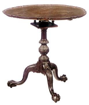 Previously unknown, the Fisher Fox family Chippendale mahogany piecrust tea table sold for $6,761,000, an auction record for Philadelphia furniture, to C.L. Prickett Antiques underbid by G.W. Samaha.