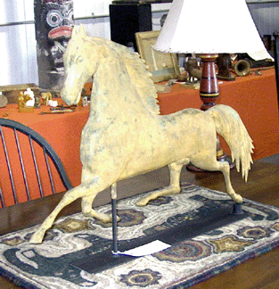 Hawk's Nest Antiques of Hinesburg, Vt., had this rare Harris & Company full bodied horse weathervane, "Blackhawk,†circa 1885, at $48,000.