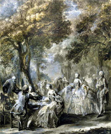 Saint-Aubin drew on years of observation of upper and lower classes and street life in his hometown in creating "Society Promenade," 1760, depicting a gathering of a mixed group of wealthy and humble Parisians. The Hermitage, Saint Petersburg.