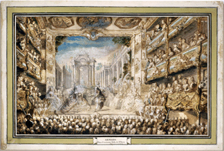 Saint-Aubin's passion for music and his admiration for Francois Boucher's set designs are reflected in his expansive, detailed watercolor, "Lully's Opera 'Armide' Performed at the Palais-Royal,†1761. The artist also satirized the behavior of varied audience members. Museum of Fine Arts, Boston.