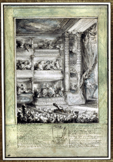 In "Voltaire's 'Coronation' at the Theatre Francais on March 30, 1778,†1778, Saint-Aubin portrayed the aged literary icon returning to Paris after many years' absence, receiving spontaneous ovations before and after a performance of his tragedy Irene. A list of Voltaire's plays is inscribed on columns at right. Musee du Louvre, Paris.