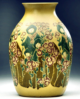 An Overbeck vase incised with stylized figures of children amid red hollyhock blossoms, on a matte mustard ground, pictured in The Chronicle of Overbeck Pottery by Kathleen Postle, realized $72,000.