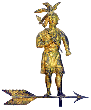 The top lot in the sale was this Mashomoquet Indian weathervane in gilded copper with strands of hair cut from sheet copper. It measures 28 inches high, 29½ inches wide, and it once stood at the foot of the stairs leading to the second floor in the home of Stewart Gregory. It sold on the phone for $290,000.
