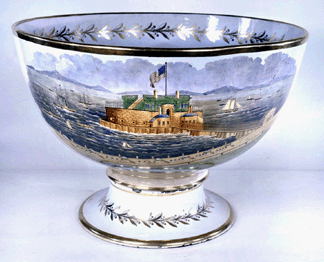 Punch bowl, depicting the Landing of Marquis de Lafayette (1757‱834), circa 1840‵0, 23 by 32 inches, earthenware. Gift of Rosalie M. Heiser and John Jay Heiser.