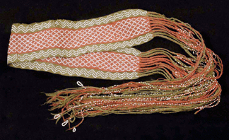 Iroquois beaded finger woven sash, late Eighteenth Century, 46 by 3½ inches, with fringe 71 inches. Fenimore Art Museum, Cooperstown, N.Y., gift of Charlotte Conable. 