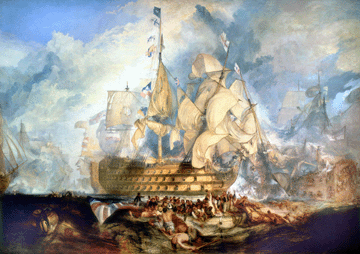 "The Battle of Trafalgar, 21 October 1805,†1823‱824, Turner's largest work (102 by 144 inches), was commissioned by King George IV long after the decisive naval battle of the Napoleonic Wars. Lord Nelson's ship Victory looms behind boatloads of seamen struggling to survive amidst the chaos of battle. National Maritime Museum, London.