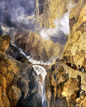 Turner's travels in Switzerland in 1802 led to this painting of an impossibly narrow bridge spanning a deep chasm, surrounded by towering mountains. "The Devil's Bridge, Saint Gotthard,†circa 1803‱804, is from a private collection in Canada.