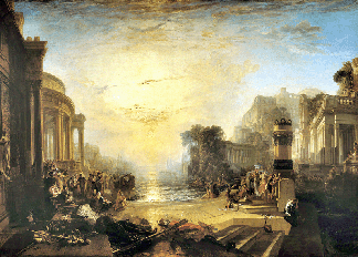 Building on contemporary interest in the rise and fall of empires and Britain's involvement in the Napoleonic Wars, Turner conveyed this scene from the conclusion of the Punic Wars, "The Decline of the Carthaginian Empire,†1817, which measures 67 by 94 inches. Tate, London, bequeathed by the artist, 1856.