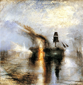 "Peace †Burial at Sea,†1842, is Turner's somber homage to his friend and fellow painter Sir David Wilkie, who died at sea and was buried off Gibraltar. When someone complained about the ship's dark sails, Turner replied, "I only wish I had any color to make them blacker.†Tate, London, bequeathed by the artist, 1856.