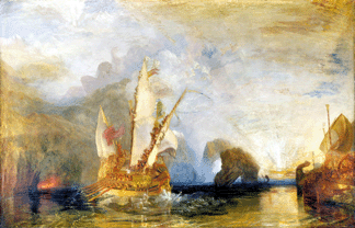 "Ulysses Deriding Polyphemus †Homer's Odyssey,†1829, shows the Greek hero taunting the one-eyed Cyclops under a brilliant rising sun. The image was much admired by Turner's champion John Ruskin, but criticized in a newspaper for color "run mad &†all the most glaring tints &†contend for mastery of the canvas, with the vehement contrasts of a kaleidoscope or Persian carpet.†The National Gallery, London, Turner bequest, 1856.