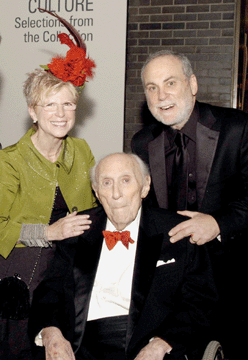 At the Neuberger Museum of Arts' recent gala "Cabaret NEU,†honoring Roy R. Neuberger's longtime friend, the late Kitty Carlisle Hart, Roy Neuberger is shown center, with his son, Jim, and Jim's wife Helen Stambler Neuberger. ⁌eslye Smith photo