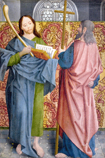 Master of the Holy Kinship, Saints James the Lesser and Philip, circa 1505-07, oil on panel, 19 by 12 15/16  inches. Yale University Art Gallery, pending partial purchase and partial gift of Robert and Virginia Stern, in honor of all the families in Europe who were dispossessed during the Holocaust period 1933 to 1945.