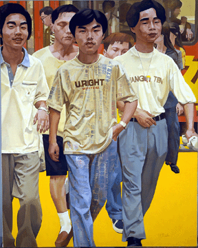 Huang Hancheng (Chinese, b 1965), "Suffused with the News: Boys on the Town,†1997, oil on canvas with newspaper collage, Allen Memorial Art Museum; Ruth Roush Fund for Contemporary Art, 2002.