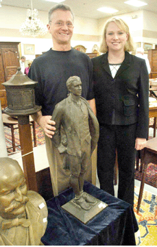 Auctioneer Ed Nadeau with his daughter and office manager, Heather, with the Nathan Hale bronze by Bela L. Pratt that sold for $77,625.